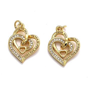 Brass Micro Pave Cubic Zirconia Pendants, Long-Lasting Plated, Heart, Golden, 20x15x4mm, Hole: 3mm