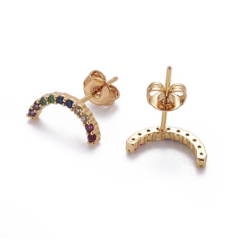 Brass Micro Pave Cubic Zirconia Stud Crawler Earrings, Climber Earrings, with Brass Ear Nuts, Moon, Colorful, Real 18K Gold Plated, 12x6x2mm, Pin: 0.7mm