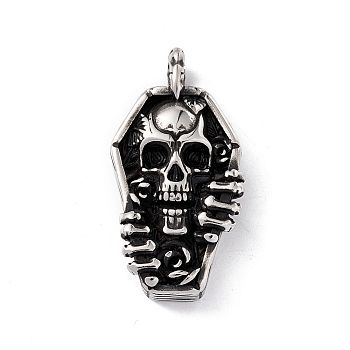 304 Stainless Steel Manual Polishing Pendants, Coffin with Skull Charms, Antique Silver, 45.5x24x10mm, Hole: 5mm