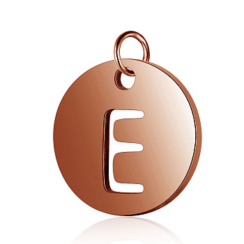 304 Stainless Steel Charms, Flat Round with Letter, Rose Gold, Letter.E, 12x1mm, Hole: 2.5mm