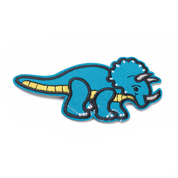 Computerized Embroidery Cloth Iron on/Sew on Patches, Costume Accessories, Appliques, for Backpacks, Clothes, Dinosaur, Deep Sky Blue, 50x95x2mm