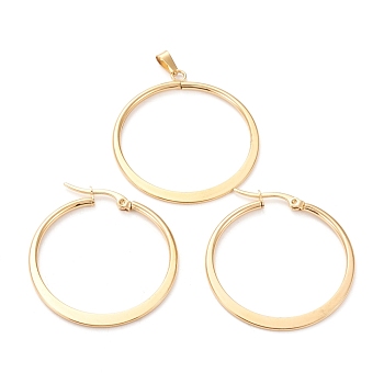 304 Stainless Steel Jewelry Sets, Hoop Earrings and Pendants, Flat Ring, Golden, Hoop Earrings: 35.5x33x2mm, Pin: 0.6x1mm, Pendant: 39x34.5x2mm, Hole: 6x3mm