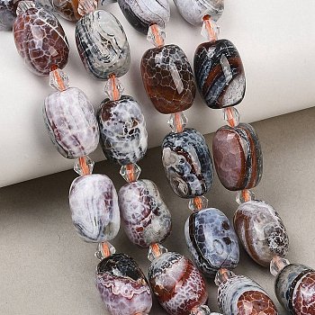 Natural Fire Crackle Agate Beads Strands, Dyed & Heated, Barrel, with Seed Beads, Saddle Brown, 15.5~16x11.5~12mm, Hole: 1.2~1.4mm, about 19pcs/strand, 15.55''~15.75''(39.5~40cm)