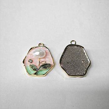 Brass Micro Pave Clear Cubic Zirconia Pendants, Flower, with ABS Imitation Pearl & Enamel, Real 18K Gold Plated, Pink, 21x17.5x6mm, Hole: 1.6mm