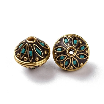 Handmade Indonesia Beads, with Brass Findings, Antique Golden, Bicone, Dark Cyan, 15x14.5mm, Hole: 1.8mm