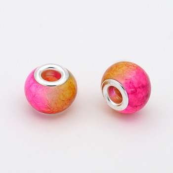 Large Hole Glass European Beads, with Silver Color Plated Brass Cores, Rondelle, Fuchsia, 14x10mm, Hole: 5mm