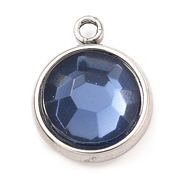 304 Stainless Steel Charms, with Acrylic Rhinestone, Birthstone Charms, Faceted, Flat Round, Stainless Steel Color, Capri Blue, 12x10x4.4mm, Hole: 1.3mm