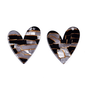 Acrylic Pendants, Heart, Black, 30.5x24x2.5mm, Hole: 1.8mm