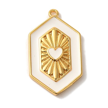 Rack Plating Brass Enamel Pendant, Cadmium Free & Lead Free, Long-Lasting Plated, Hexagon with Heart Charm, Real 18K Gold Plated, White, 23x13.5x3.5mm, Hole: 1.2mm