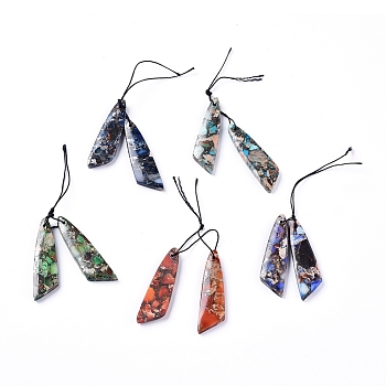 Natural & Synthetic Mixed Stone Pendants, with Brass Line, Wing, Mixed Color, 43~44.5x10~11x3.5~5mm, Hole: 1.2mm