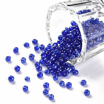 Glass Seed Beads, Trans. Colours Lustered, Round, Blue, 3mm, Hole: 1mm, about 10000pcs/pound