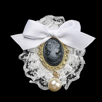 Romantic Classic Polyester Lace Bowknot Brooch for Women, with Iron Pin & Plastic Imitation Pearl, Oval, Light Steel Blue, 69.5~71.5x64~70x24~26.5mm