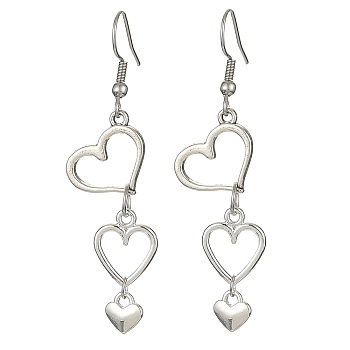 Tibetan Style Alloy Hollow Heart Dangle Earrings with 304 Stainless Steel Pins, Antique Silver, 58.5x14mm