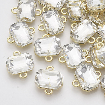 Light Gold Plated Alloy Links connectors, with Glass, Faceted, Rectangle, Clear, 17x14~15x5mm, Hole: 1.8mm