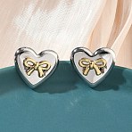 Two Tone 304 Stainless Steel Stud Earrings, Heart & Bowknot, Ion Plating(IP), Long-Lasting Plated, Stainless Steel Color, 17.5x20mm(EJEW-B156-15P)