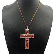 Eco-friendly Zinc Alloy & Natural Chip Red Jasper Handmade Cross Pendant Cord Necklaces for Women Men, Platinum, (RL5831-1)