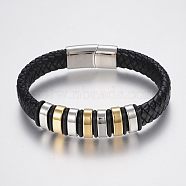 Braided Leather Cord Bracelets, with 304 Stainless Steel Beads Findings and Magnetic Clasps, Black, 8-5/8 inch(220mm), 29x14x8mm(BJEW-H560-69)