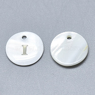 Natural White Shell Mother of Pearl Shell Charms, with Iron Sticker, Flat Round with Letter, Letter.I, 13x2mm, Hole: 1.5mm(SSHEL-N036-053I)
