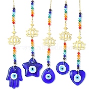 Glass Beaded Pendant Decorations, with Evil Eye Lampwork and 201 Stainless Steel Lotus Hanging Ornaments, Star/Teardrop/Heart/Flat Round/Hamsa Hand, Colorful, 235~254mm(HJEW-JM01126)