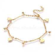 304 Stainless Steel Charm Anklets, Heart and Round, Golden, 9-1/4 inch(23.5cm), 2mm(AJEW-O028-01G)
