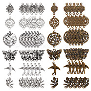 72Pcs 12 Styles Tibetan Style Alloy Connector Charms, Butterfly & Bird & Sunflower & Flat Round & Leaf, Antique Bronze & Antique Silver, 15~31x9~24x1~2mm, Hole: 1~2mm, 6pcs/style(TIBE-SC0001-78)