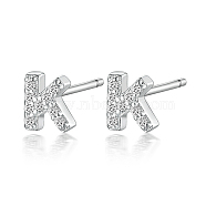 Rhodium Plated 925 Sterling Silver Initial Letter Stud Earrings, with Cubic Zirconia, Platinum, Letter K, 5x5mm(HI8885-11)