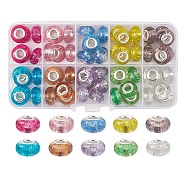 60Pcs 10 Colors Rondelle Resin European Beads, Large Hole Beads, with Glitter Powder and Platinum Tone Brass Double Cores, Mixed Color, 13.5x8mm, Hole: 5mm, 6pcs/color(RPDL-YW0001-09)