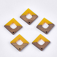 Resin & Walnut Wood Links connectors, Rhombus, Gold, 27.5x27.5x3~3.5mm, Hole: 2mm(RESI-S367-15B)
