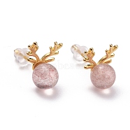 925 Sterling Silver Antlers Stud Earrings, Strawberry Quartz Crystal Round Beads Dainty Earrings, Golden, 12x9mm, Pin: 0.6mm(EJEW-M204-02G)