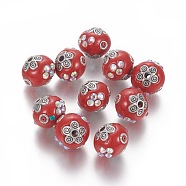 Handmade Indonesia Rhinestone Beads, with Metal Findings, Round, Antique Silver, Red, 15~15.5x14~15mm, Hole: 2.2mm(IPDL-E012-23C)