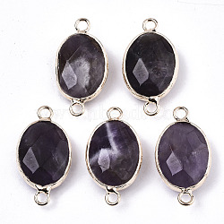 Natural Amethyst Links Connectors, with Light Gold Tone Brass Findings, Oval, Faceted , 27.5x14.5x6mm, Hole: 2mm(G-N326-44D)