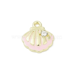 Rack Plating Alloy Enamel and Rhinestone Pendants, Cadmium Free & Nickel Free & Lead Free, Shell Shape, Golden, Pink, 13x12x3.5mm, Hole: 1.5mm(PALLOY-R151-40G-03)