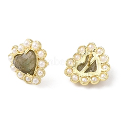 Ion Plating(IP) Natural Labradorite Heart Stud Earrings with Plastic Pearl Beaded, Real 14K Gold Plated Brass Jewelry, 16.5x17.5mm(EJEW-E599-02G-01)