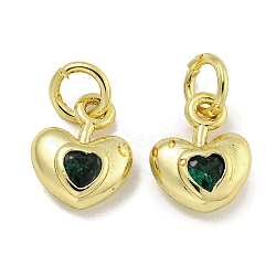 Rack Plating Brass Micro Pave Cubic Zirconia Charms, with Jump Ring, Cadmium Free & Lead Free, Real 18K Gold Plated, Long-Lasting Plated, Heart, Green, 10x8x3.5mm, Hole: 3mm(KK-E114-01G-03)