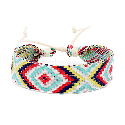 Cotton Braided Rhombus Cord Bracelet with Wax Ropes, Ethnic Tribal Adjustable Bracelet for Women, Aquamarine, 7-1/8 inch(18cm)(PW-WG62422-05)