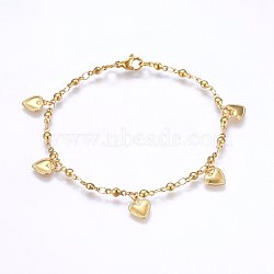 304 Stainless Steel Charm Bracelets, with Lobster Claw Clasps, Heart, Golden, 8-1/4 inch(21cm), 3mm(BJEW-H579-13G)