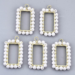 ABS Plastic Imitation Pearl Pendants, with Real 18K Gold Plated Brass Findings, Rectangle, Creamy White, 30x16.5x3mm, Hole: 2mm(KK-N233-070-NF)