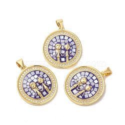 Rack Plating Brass Cubic Zirconia Pendants, with Enamel & Shell, Long-Lasting Plated, Lead Free & Cadmium Free, Real 18K Gold Plated, Flat Round with Girl, Purple, 24x21x4mm, Hole: 5x4mm(KK-K385-64G)