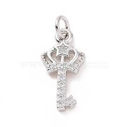 Brass Micro Pave Cubic Zirconia Pendants, with Jump Ring, Crown Key with Star Charm, Platinum, 16x8x1.5mm, Hole: 2.8mm(KK-C012-18P)