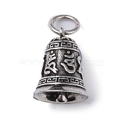 Ion Plating(IP) 304 Stainless Steel Pendants, with Jump Ring, Bell with Ohm/Aum Charm, Antique Silver, 18x14.5mm, Hole: 5.5mm(STAS-D097-13AS)