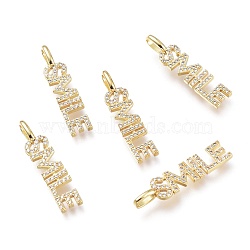 Brass Micro Pave Clear Cubic Zirconia Pendants, Long-Lasting Plated, Word Smile, Golden, 29x6.5x5mm, Hole: 5.5x3mm(ZIRC-I048-02G)