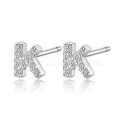 Anti-Tarnish Rhodium Plated 925 Sterling Silver Initial Letter Stud Earrings, with Cubic Zirconia, Platinum, Letter K, 5x5mm(HI8885-11)