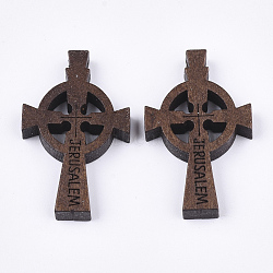 Wooden Pendants, Religion, Cross with Word Jerusalem, Dyed, Coconut Brown, 34~35x21~22x4.5mm, Hole: 1.5mm(WOOD-S050-19A)