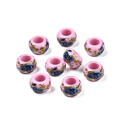 Flower Printed Opaque Acrylic Rondelle Beads, Large Hole Beads, Pink, 15x9mm, Hole: 7mm(SACR-S305-27-B01)