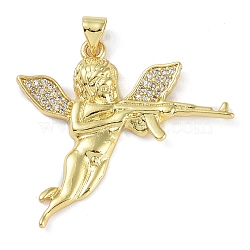 Rack Plating Brass Micro Pave Clear Cubic Zirconia Pendants, Long-Lasting Plated, Lead Free & Cadmium Free, Real 18K Gold Plated, Angel & Fairy, 31.5x34.5x4mm, Hole: 4x3mm(KK-K341-53A-G)