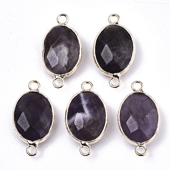 Natural Amethyst Links Connectors, with Light Gold Tone Brass Findings, Oval, Faceted , 27.5x14.5x6mm, Hole: 2mm