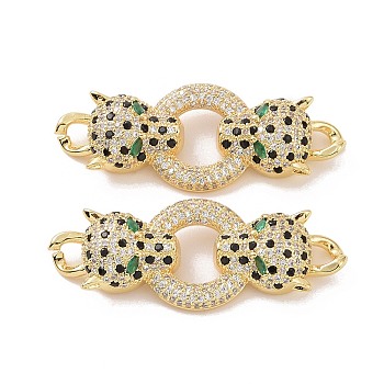 Brass Micro Pave Colorful Cubic Zirconia Connector Charms, Leopard Links, Real 18K Gold Plated, 16x41x7mm, Hole: 3x3mm