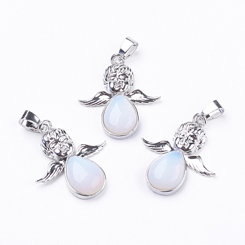 Opalite Pendants, with Brass Findings, Angel, Platinum, 35x29.5x6mm, Hole: 4x7mm