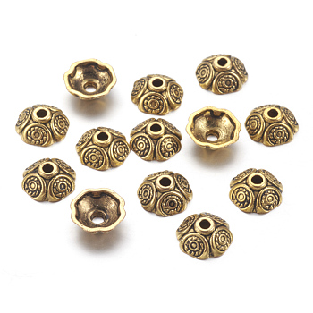 Tibetan Style Bead Caps, Antique Golden, Lead Free, Cadmium Free and Nickel Free, Flower, 9x4mm, Hole: 1mm