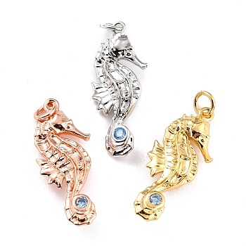 Brass Micro Pave Cubic Zirconia Pendant, Long-Lasting Plated, Sea Horse, Mixed Color, 22x10x4.5mm, Hole: 2.6mm
